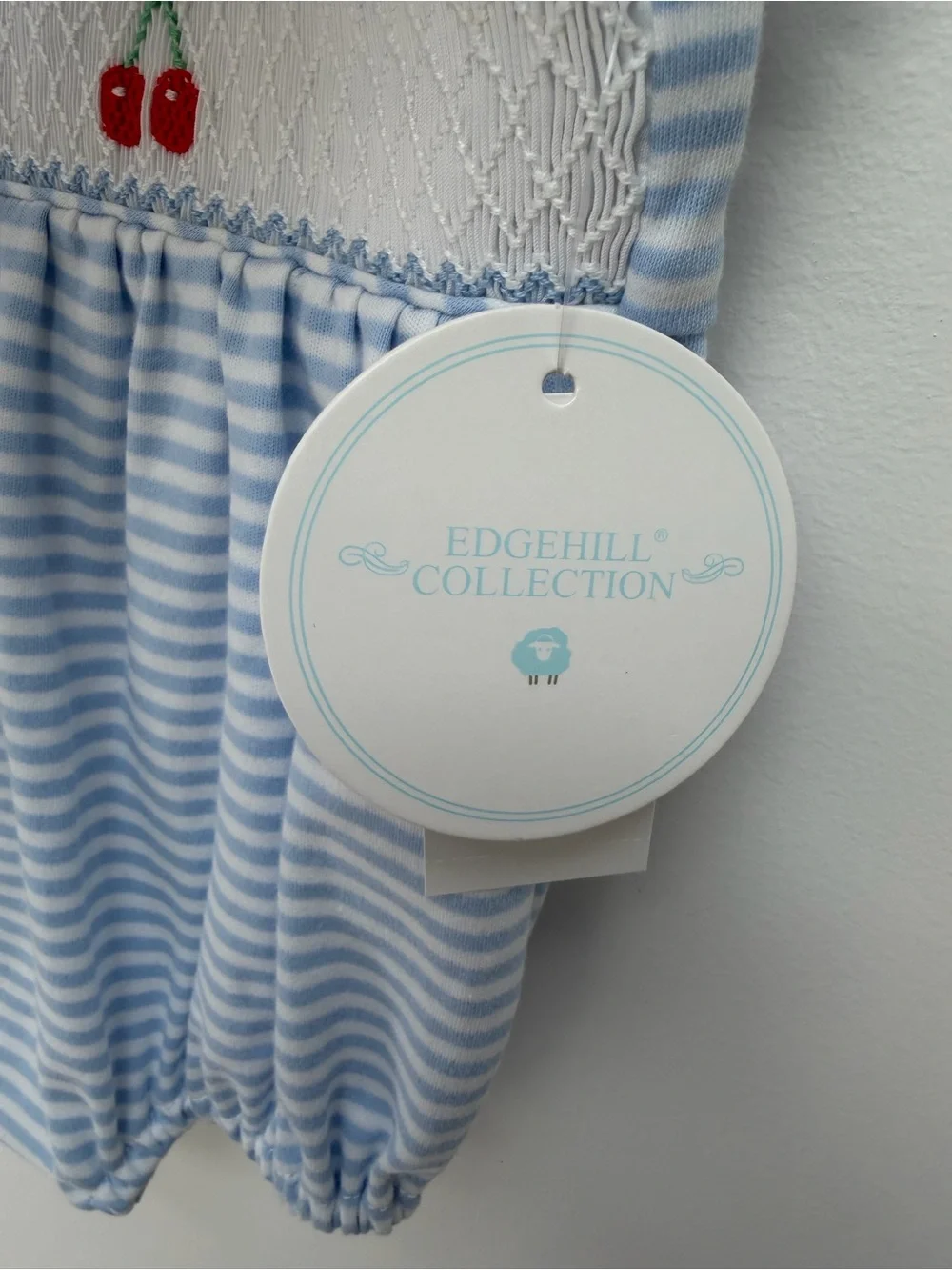 Edgehill Collection Blue Stripe Cherry Smocked Baby Bubble Romper